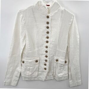 Tape Measure White Linen Jacket Size 6‎ Button Down High Collar Layer Moto Boho